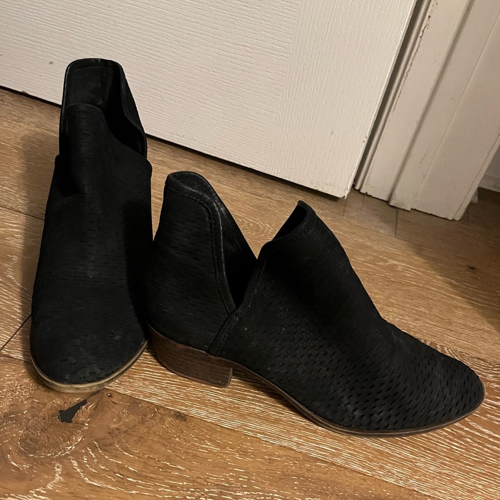 Lucky Brand booties, black suede with a low brown heel